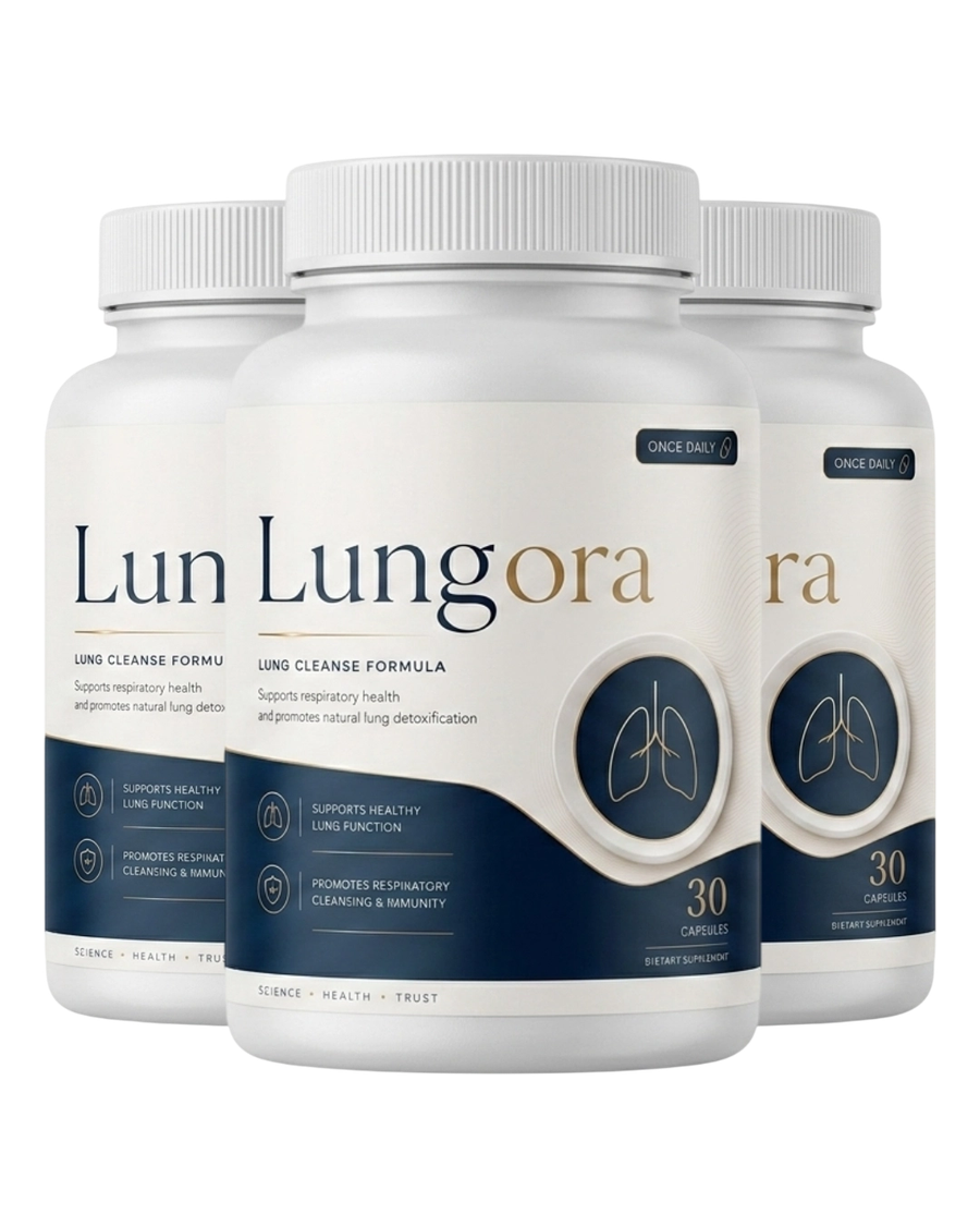 Lungora official website — three bottles of Lungora Lung Cleanse Formula, 30 capsules each, once daily